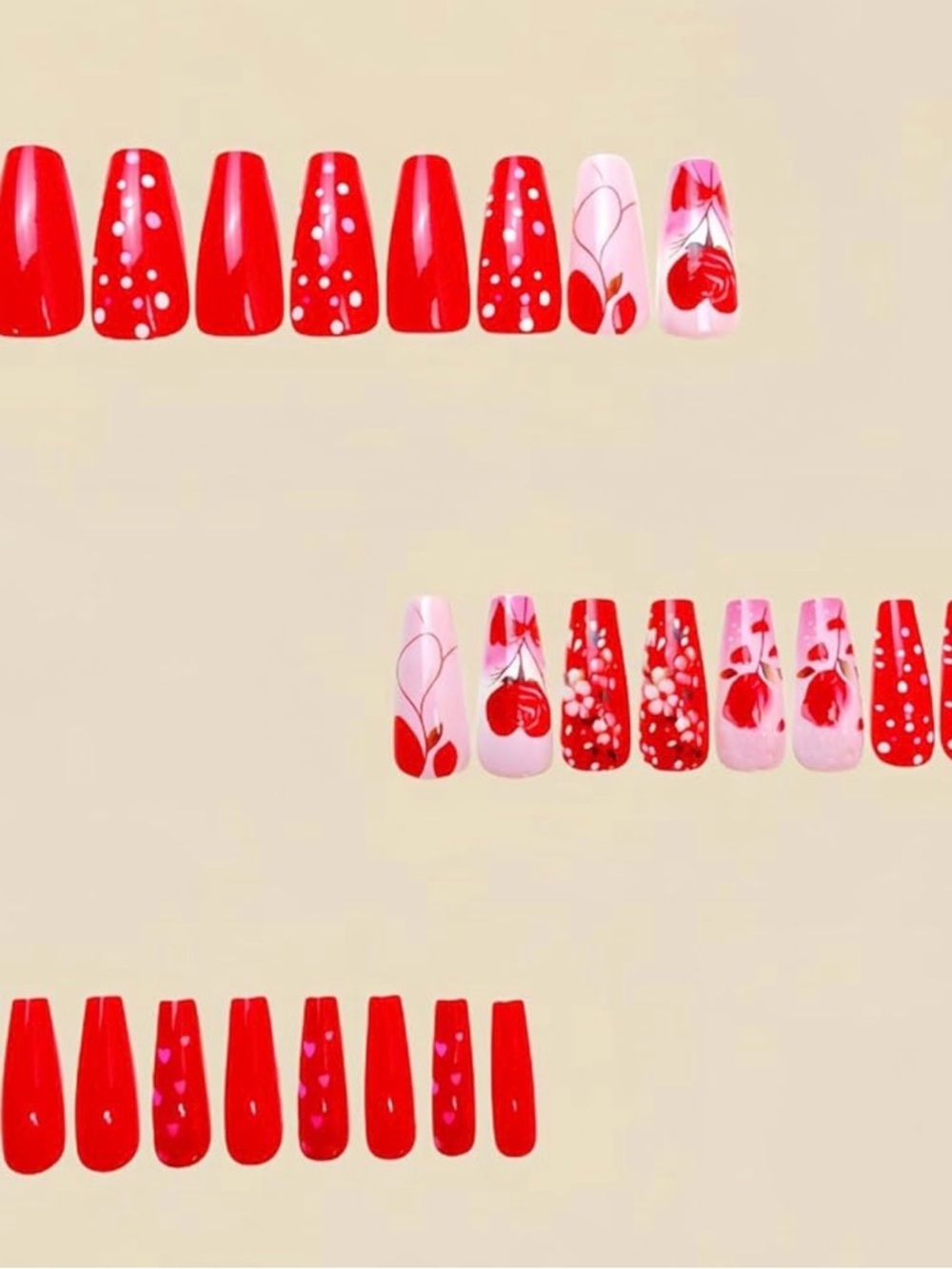Medium Coffin Red Pink Press-On Nails with Rose Designs Glossy Valentines 24 Pcs - Picture 3 of 4